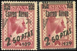 791FN, 791FNa. 1938. 2´50 pts sobre 25 cts lila, dos sellos ...