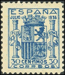 801. 1936. 30 cts azul. Muy bien centrado. MAGNIFICO. Cert. CEM. ...