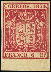 24. 1854. 6 cuartos carmín, borde de hoja. PIEZA DE LUJO. Cert. CEM