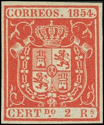 25. 1854. 2 reales rojo. Color excepcional y grandes márgenes. ...