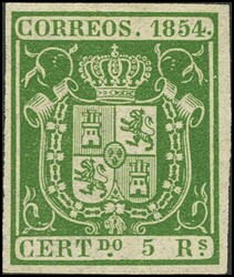 26. 1854. 5 reales verde. Color intenso y grandes márgenes. PIEZA DE ...