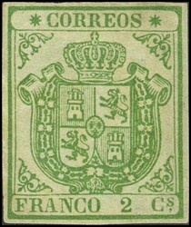 32A. 1854. 2 cuartos verde. PAPEL GRUESO AZULADO y ESTRELLAS DE ...
