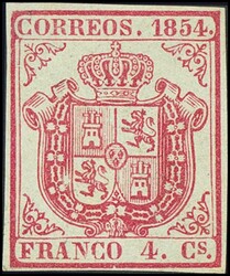 33A. 1854. 4 cuartos carmín. PAPEL GRUESO AZULADO. MAGNIFICO Y RARO. ...