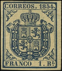 34. 1854. 1 real azul oscuro, borde de hoja. Excepcional color y ...