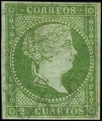 39. 1855. 2 cuartos verde. Color intenso y amplios márgenes. ...