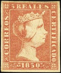 3. 1850. 5 reales rojo. Color intenso y márgenes amplios. MAGNIFICO. ...