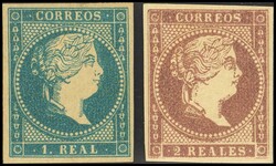49, 50. 1855. 1 real azul y 2 reales violeta. MAGNIFICOS