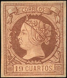 54. 1860. 19 cuartos castaño. Márgenes grandes y color intenso. ...