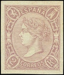 73. 1865. 2 reales lila. Color intenso. PIEZA DE LUJO. Cert. GRAUS. ...