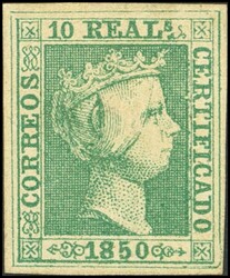 5. 1850. 10 reales verde. Color intenso y enormes márgenes. PIEZA DE ...