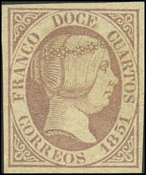 7. 1851. 12 cuartos lila. Color muy intenso y llamativo, márgenes ...