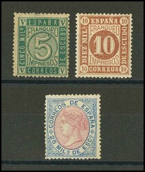 93, 94, 95. 1867. 5 cts verde (punto claro), 10 cts castaño y 25 cts ...