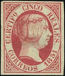 9. 1851. 5 reales rosa carmín. Color muy intenso y amplios márgenes ...