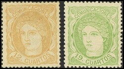 113, 114. 1870. 12 cuartos castaño y 19 cuartos verde. MAGNIFICOS. ...