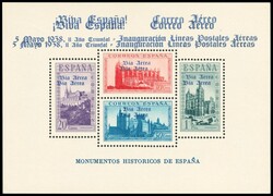 95Ahh. 1938. Hoja bloque (Tipo II). SOBRECARGA DOBLE, en azul. ...