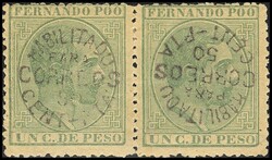 9, 9hi. 1884. 50 cts sobre 1 ctvo verde, pareja. Uno de ellos ...