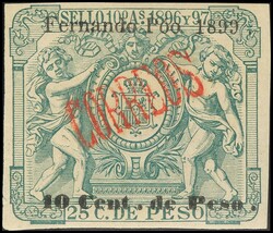 47F. 1899. 10 cts sobre 25 cts verde (pequeño corte en el margen ...