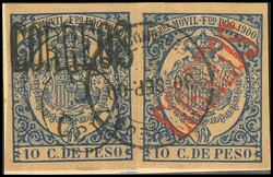 48Ahha, 48Ca. 1900. 5 cts sobre 10 cts azul CORREOS, doble sobrecarga ...