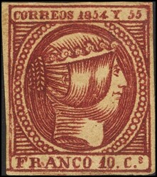 2. 1854. 10 cuartos carmín. Márgenes grandes y color muy intenso. ...