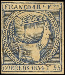 3. 1854. 1 real azul (conservación habitual). Color intenso. ...