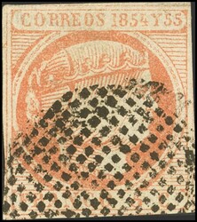 5. 1855. 5 cuartos rojo. MAGNIFICO Y RARO. Cert CEM. Edifil 2026: 700 ...