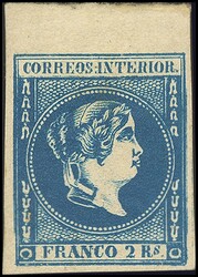 14. 1863. 2 reales azul, borde de hoja. PIEZA DE LUJO. Ex-Antonio ...