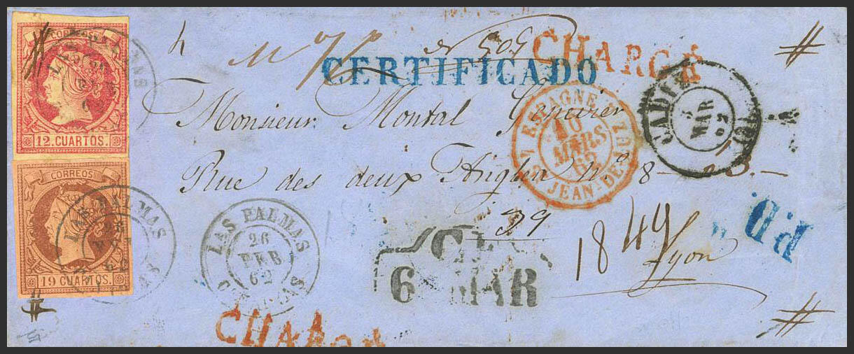 53, 54. 1862. 12 cuartos rojo y 19 cuartos castaño. Certificado de ...