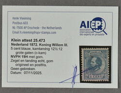 19H, 5 cent blauw, Kt. 12½ : 12 gr.g., postfris prachtex. Klein ...