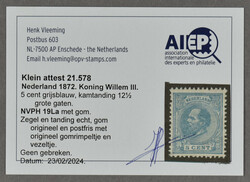 19La, 5 cent ultramarijn, Kt. 12½ gr.g., postfris prachtex. ...