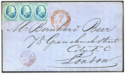 Buitenlandse bestemmingen. Engeland. 5 Cent nr. 4AIb in prachtstrip ...