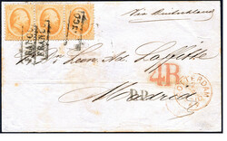 Buitenlandse bestemmingen. Spanje. 15 Cent nr. 6A in strip van drie ...