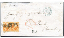 Buitenlandse bestemmingen. Zwitserland. 15 Cent nr. 6A in prachtpaar ...