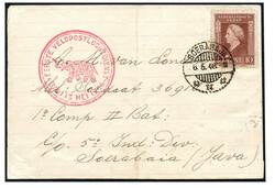 Zelf gemaakt couvert gefr. met 10 cent van Soerabaja 6-5-1946 naar ...