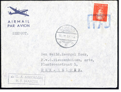 25 Cent op luchtpostenvelop, in blauw afgest. met het van hout ...