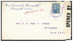 5 c. Colombia op een gecensureerde bankenvelop van Barranquilla ...