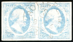 1m-Pl.IV-1/2, 5 cent melkblauw in prachtpaar met lichte afst. ...