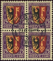 1918: Genfer Wappen im Viererblock mit  Zentrumstempel; Kat: 330 ...
