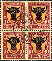 1918: Viererblock-Serie mit Uri u. Genfer Wappen, sauber  mit ...