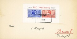 1937: PJ Block mit Aushilfs-Stempel RIEHEN 6.IV.38, auf  nicht ...