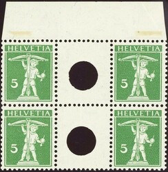 5+5 Rp. grün, Tellknabe, Type 2 im Zwischensteg-  Viererblock mit ...