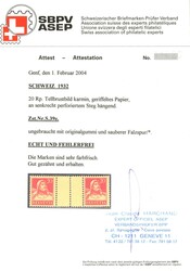 1932: 20 Rp. karmin, Tell auf geriffeltem Papier mit  perforiertem ...