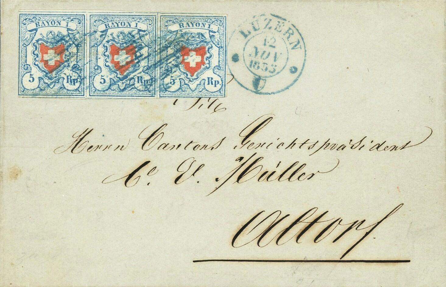1853: 5 Rp. hellblau, Dreierstreifen mit Typen 6+7+8, Stein C1/LU ...