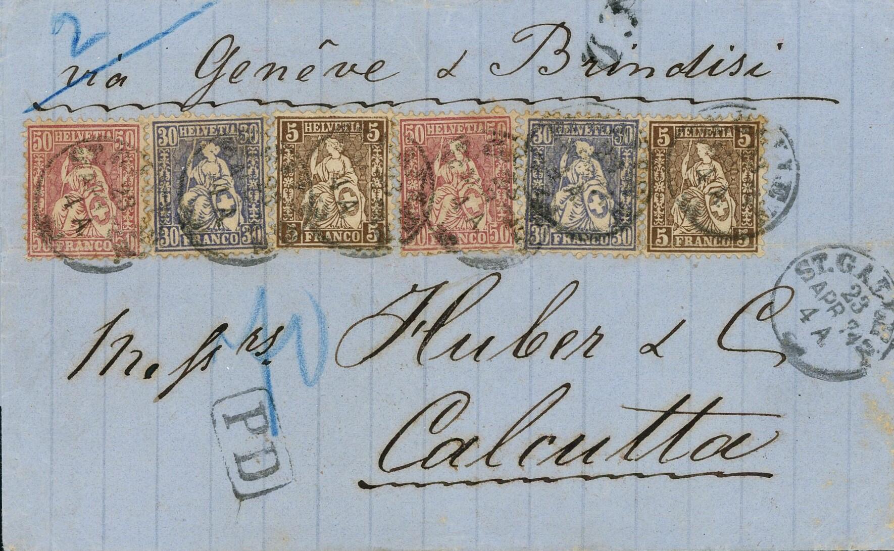 1874: Sitz. Helv. 50 Rp. lila, 30 Rp. ultramarin und 5 Rp. braun, je ...