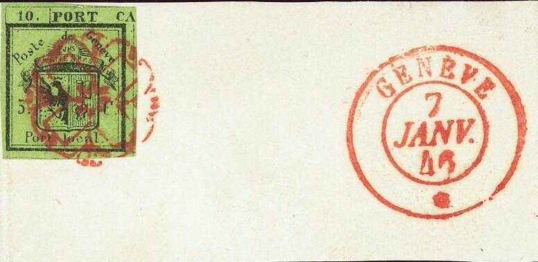 1843: 5 C. Halbe Doppelgenf, linke Hälfte auf Briefausschnitt; ...