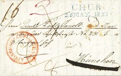 1833: Blauer 2-Zeiler CHUR 26. MAY 1833, auf Faltbrief nach München, ...