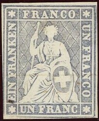 1 Fr. violettgrau, ungebraucht o. Gummi, voll- bis überrandig, unten ...