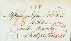 1836: Geschäftsbrief von London nach Wohlen: vorne A.T.F, sowie P-F ...