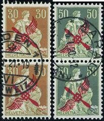 1919-20: 30 und 50 Rp. mit rotem Propeller-Aufdruck, beide im ...