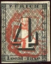 Zürich 1843: 4 Rp. schwarz mit deutlichen roten senkrechten ...