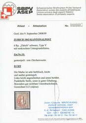 Zürich 1843: 4 Rp. schwarz mit deutlichen roten senkrechten ...